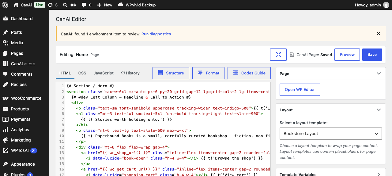CanAI Editor editing a Home page with Twig HTML