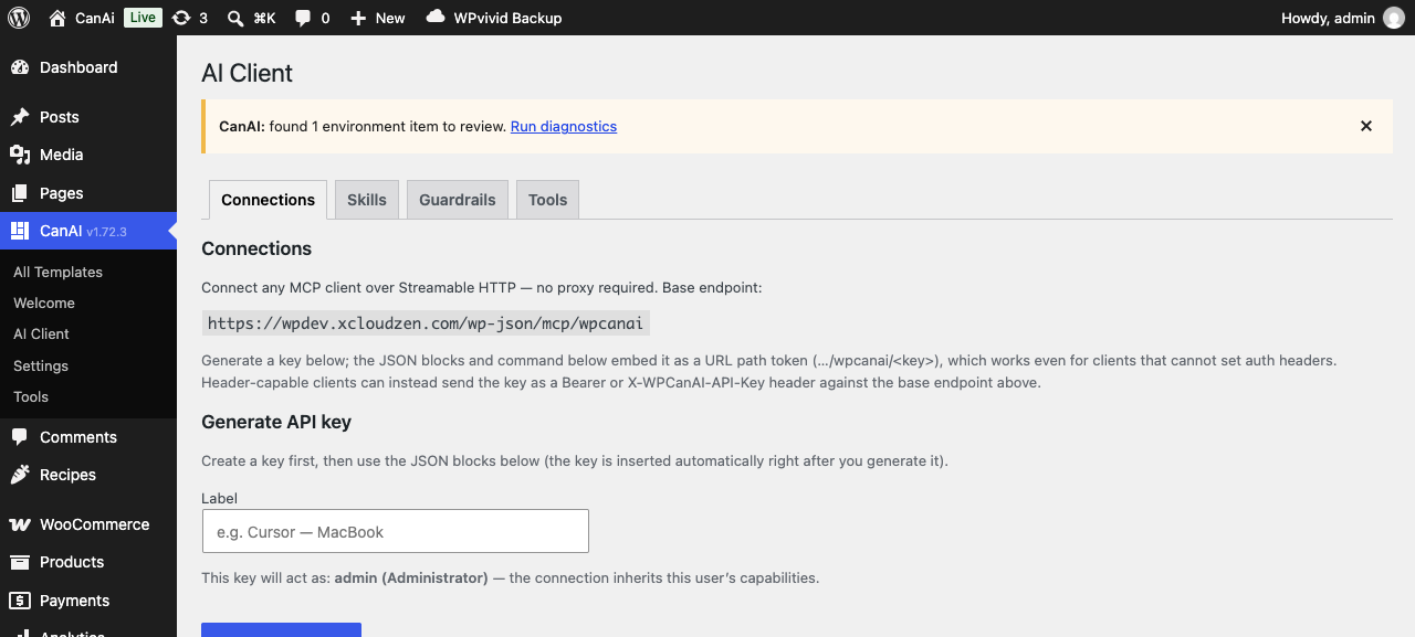 CanAI AI Client Connections tab with MCP endpoint