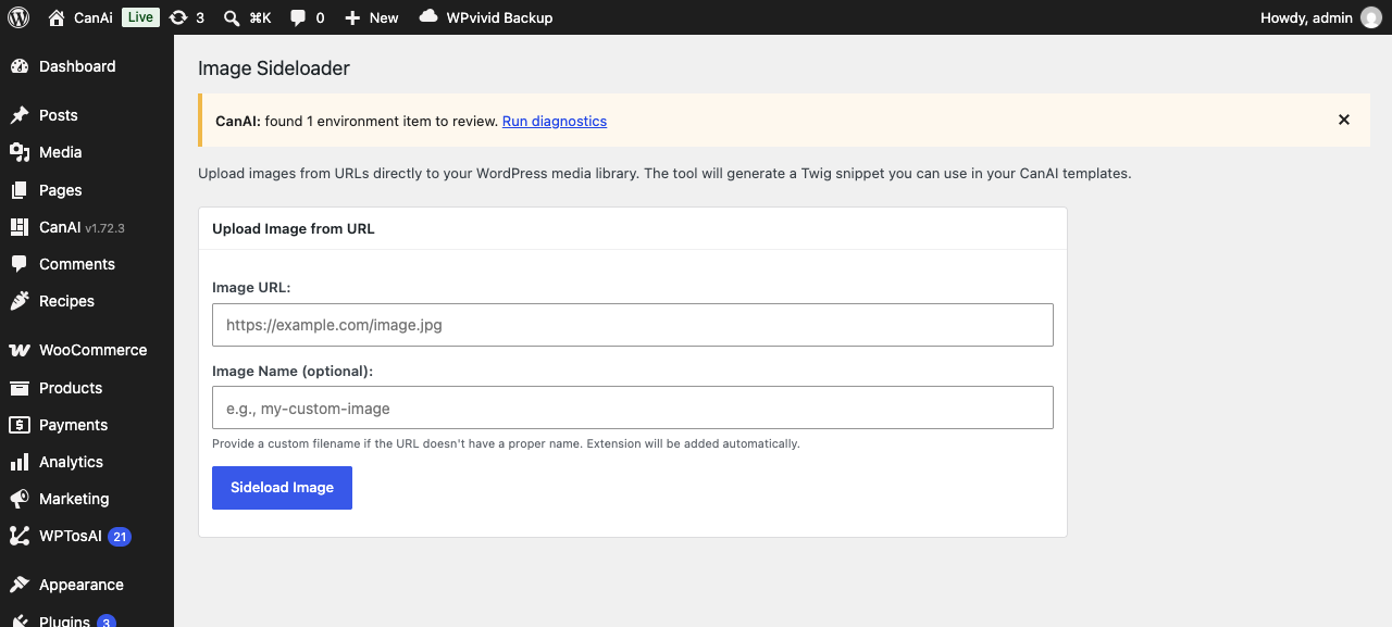 CanAI Image Sideloader admin page