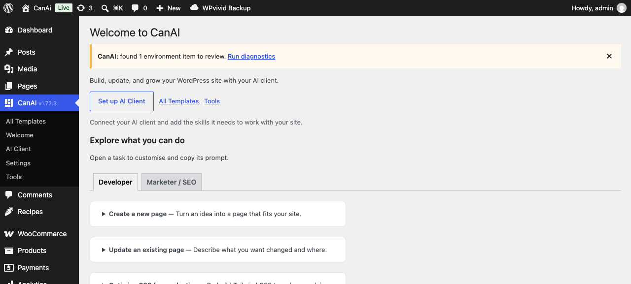 CanAI Welcome screen in wp-admin